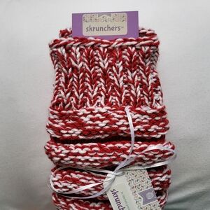 Hand Crafted knit legwarmers red and white striped 12 inch calf